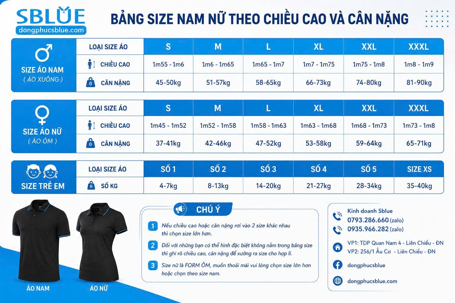 Bảng size áo đồng phục SBLUE